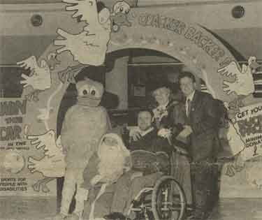 Sheffield Lord Mayor, Doris Askham with (right) her Consort, Scott Barton and Maurice Hammerton with Santa and Quacker at Ponds Forge [Sports Centre]