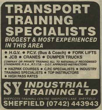 Advertisement for SY Industrial Training Ltd., transport training specialists, Shepcote Training Centre, Shepcote Lane