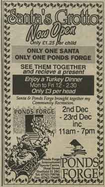 Advertisement for Santa's grotto at Ponds Forge International Sports Centre