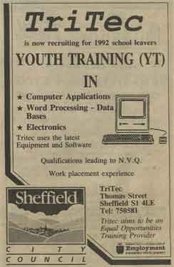 Advertisement for TriTec, computer trainer, Thomas Street