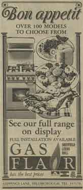 Advertisement for Gas Flair, gas appliance dealers, Leppings Lane, Hillsborough