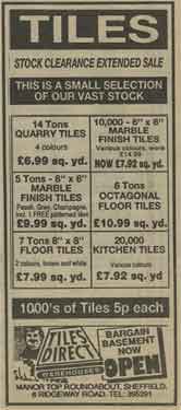 Advertisement for Tiles Direct, No. 6 Ridgeway Road, Manor