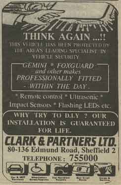 Advertisement for Clark and Partners Ltd., vehicle security installers, Nos. 80 - 136 Edmund Road