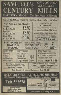 Advertisement for Century Mills, curtains and linen factory shop, No. 22 Century Street, Attercliffe