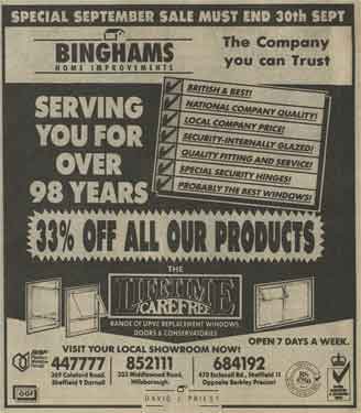 Advertisement for Bingham's Home Improvements, window installers