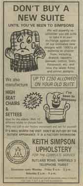 Advertisement for Keith Simpson Upholstery, [Woodside Works], Rutland Road