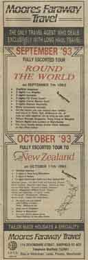 Advertisement for Moores Faraway Travel, travel agents, No. 114 Devonshire Street