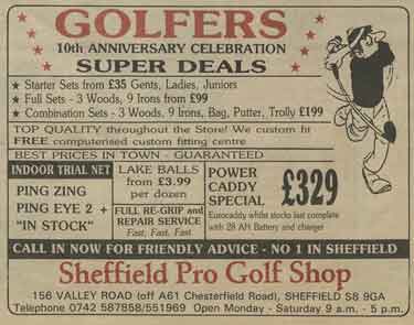 Advertisement for Sheffield Pro Golf Shop, No. 156 Valley Road
