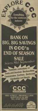Advertisement for CCC, camping supplies Nos. 136 - 138 Bramall Lane and junction with Hill Street