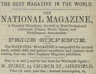 Advertisement for The National Magazine: a monthly miscellany devoted to non professional literature, drama, music, sports and miscellaneous amusements, available from M. Hurst, No. 23 Church Street