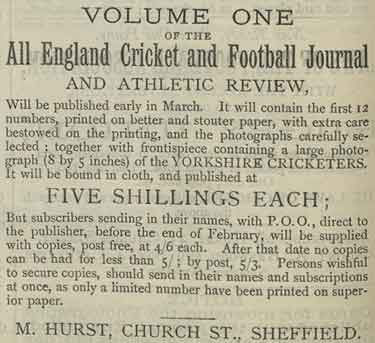 Advertisement for Volume 1 of the All England Cricket and Football Journal and Athletic Review, available from M. Hurst, [No. 23] Church Street