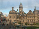 Elevated view of Pinstone Street, Town Hall and Peace Gardens