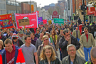 Demonstrators marching up Pinstone Street during the Liberal Democrat conference which was held at Sheffield City Hall Demonstrators marching up Pinstone Street during the Liberal Democrat conference which was held at Sheffield City Hall
