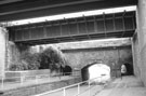 Supertram bridge, rail bridge and aqueduct (background) over Worksop Road