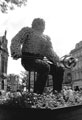 Display for Entente Florale showing Sheffy Stan the Steelman teeming outside the Town Hall