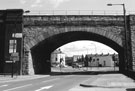 Sutherland Street Bridge (part of  Railway Viaduct) looking towards Attercliffe Road with Club 160 (formerly Norfolk Arms P.H.) on the right under the bridge 	