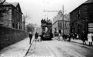 Tram No. 235 double deck at Crookes tram terminus. Crookes Endowed Schools, left, Crookes Post Office on right, 1904-11