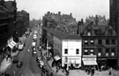View: s00172 Elevated view of Leopold Street. Fargate, right, including No. 70 H.L. Brown and Son Ltd., jewellers (on corner), No. 68 Cantors Ltd., house furnishers