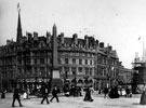 Jubilee Monolith, Town Hall Square. Fargate, left, Surrey Street, right. Albany Hotel and Montgomery Hall in background. Construction of Town Hall, right