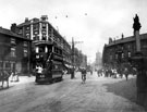 Moorhead looking towards Pinstone Street, Crimean Monument, right, Tram 144, centre, Angel Inn, left