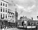 Market Place from High Street looking towards Shambles Market (also known as Butcher's Market), situated on site of later Fitzalan Market. Premises include No. 1 Wm. Jackson, fancy repository, No 5, J.A. Whiteley, hatter