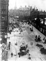 View: s00276 Tram track laying, High Street from Fitzalan Square with Marples Hotel (left) and Fitzalan Market ((right) 