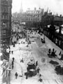 Tram track laying, High Street from Fitzalan Square with Marples Hotel (left) and Fitzalan Market ((right) 