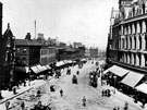 View: s00282 Elevated view of High Street from Coles Corner. Foster's Buildings, right including Nos. 10 - 16, Foster and Son, tailors. Buildings on left include No. 11 Sheffield Goldsmiths Co., No. 13 Castle Chambers and old Telegraph offices