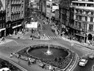 Goodwin Fountain, Town Hall Square looking towards Fargate. Bank Chambers, left, Yorkshire Bank, right