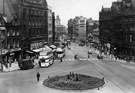 Town Hall Square looking towards Fargate. Bank Chambers, left, Yorkshire Penny Bank, Albany Hotel and Carmel House, right