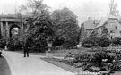 View: s00552 Neo-classical entrance and Park Keepers Cottage in the Victorian Garden, Botanical Gardens. The uniformed man is believed to be the arresting Officer of Sheffield murderer, Charlie Peace