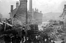 Sheffield Flood, damage at Wm. Makin and Sons, steel converters, refiners and rollers, Clifton Steel Works, Sandbed Wheel (in background), from the Goit fed by River Don