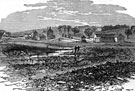 View: s00607 Sheffield Flood. Remains of Trickett's Farm belonging to James Trickett, at the junction of Rivers Rivelin and Loxley, household of eleven people washed away and drowned
