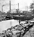 View: s00950 Sheffield Flood. Remains of the 'Shuttle House', residence of James Sharman, head of Bacon Island (formed by the River Don dividing into two branches), William and Samuel Butcher, steel tilters and rollers, Philadelphia Steel Works, in background