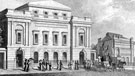 Music Hall, Surrey Street, later became the Public Library (Central Lending Library and Reading Room). Built 1823 and opened in 1824. Demolished in the 1930s to make way for the new Central Library. School of Medicine, right