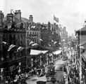 Elevated view of Fargate showing decorations for the royal visit of Queen Victoria