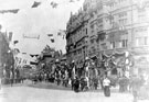 View: s01550 Fargate, decorated for the royal visit of Queen Victoria, Albany Hotel, Yorkshire Penny Bank and Carmel House, right