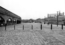 Sheffield Canal Basin with Supertram Viaduct, Hyde Park Flats and St. John's Church in the background