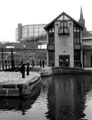 View: s01732 Waterways Office, Sheffield Canal Basin with Hyde Park Flats and St. John's Church in the background