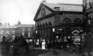 Norfolk Market Hall, Haymarket, prior to the rebuilding of the west front 1904-5. Royal Hotel in background