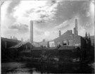 View: s02116 Marsh Brothers, steel manufacturers, Pond Works, (fronting Shude Lane), right, William Jessop's Soho Rolling Mills, left (includes square chimney). Ponds Dam, foreground (fed by River Sheaf)