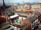 Elevated view of Cambridge Street and Division Street, taken from Cole Brothers car park, No. 24 Sportsman Inn in foreground, St. Matthew's Church in background