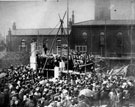 Miss Jessop laying the foundation stone of Channing Hall, Surrey Street, The Unitarian Upper Chapel, in background
