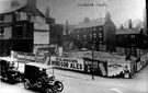 Barkers Pool at Pool Square junction, after the demolition of shops to make way for the War Memorial, the White Lion Hotel, on left, was still to be demolished. Houses in background, front Balm Green, later demolished to make way for the City Hall