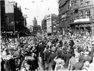 VE Day Victory Parade, Fargate, Carmel House, Yorkshire Penny Bank and Albany Hotel, right 	