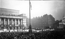 Armistice Day in Barkers Pool. City Hall, left. Rear of The Grand Hotel, right