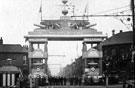 View: s03196 Decorative arch on Savile Street to celebrate the royal visit of King Edward VII and Queen Alexandra, sponsored by John Brown and Co., designed and erected by G.H. Hovey