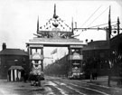 View: s03221 Decorative arch on Savile Street to celebrate the royal visit of King Edward VII and Queen Alexandra, sponsored by John Brown and Co., designed and erected by G.H. Hovey