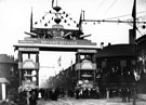 View: s03222 Decorative arch on Savile Street to celebrate the royal visit of King Edward VII and Queen Alexandra, sponsored by John Brown and Co., designed and erected by G.H. Hovey