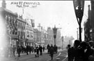 High Street decorated for royal visit of King Edward VII and Queen Alexandra, premises on left include No 13, Castle Chambers and old Telegraph Offices